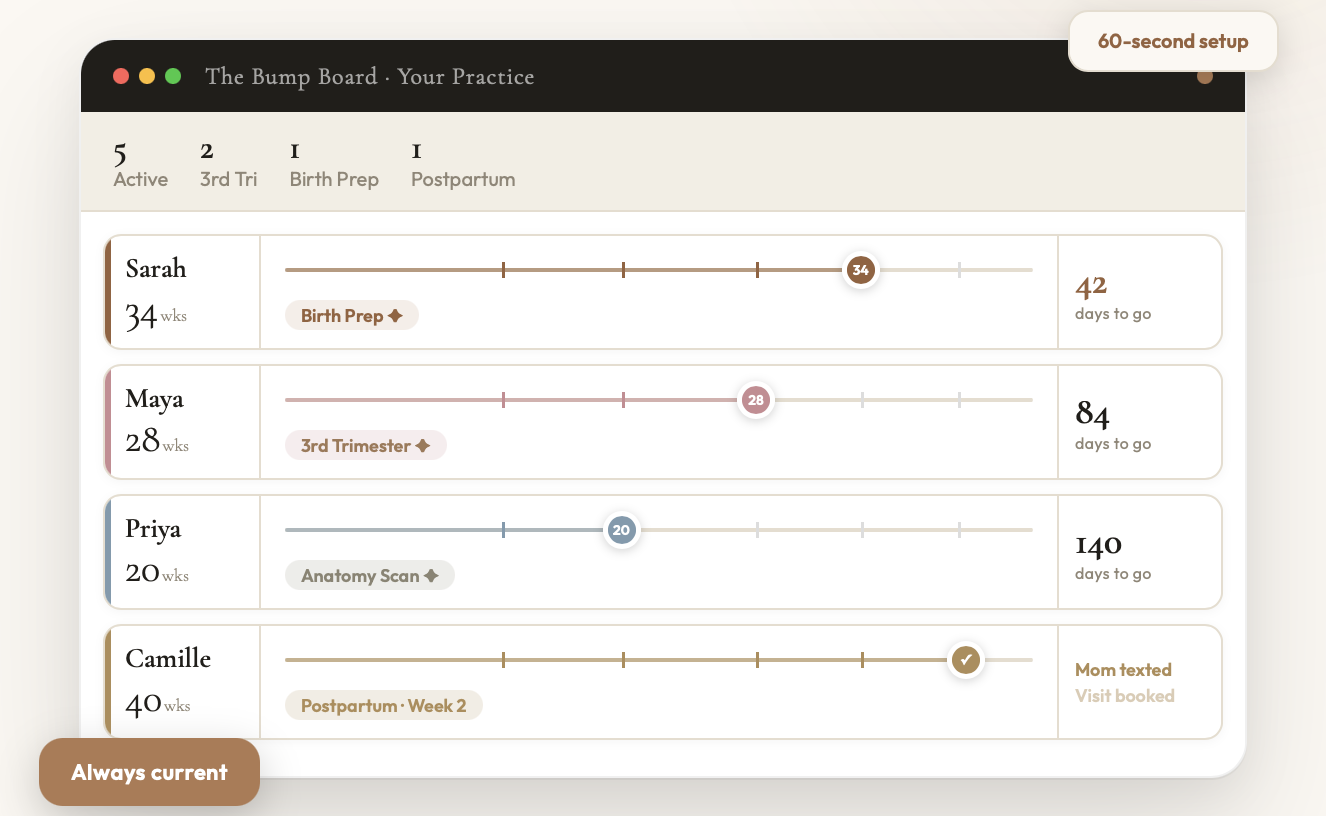 The Bump Board main dashboard showing prenatal patient lanes, trimester bands, and milestone flags.
