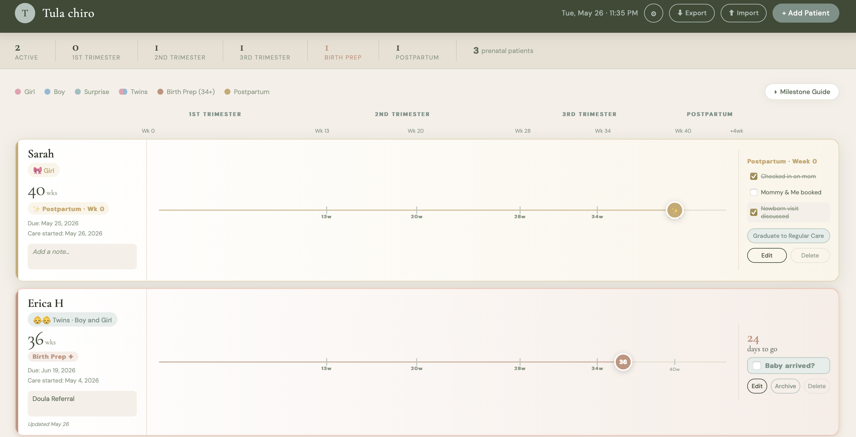 The Bump Board postpartum follow-up checklist view.